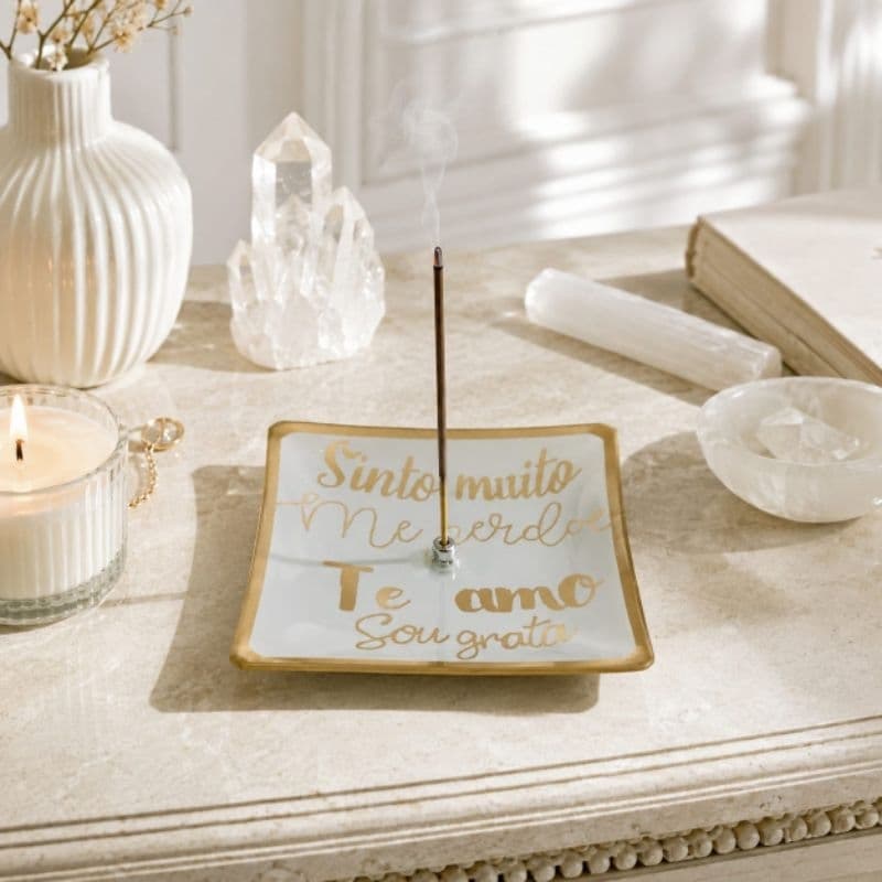 Porta Incenso Quadrado 12 x 12 cm  Mensagem Ho'oponopono para Trazer Paz,Amor e Gratidão para seu ambiente