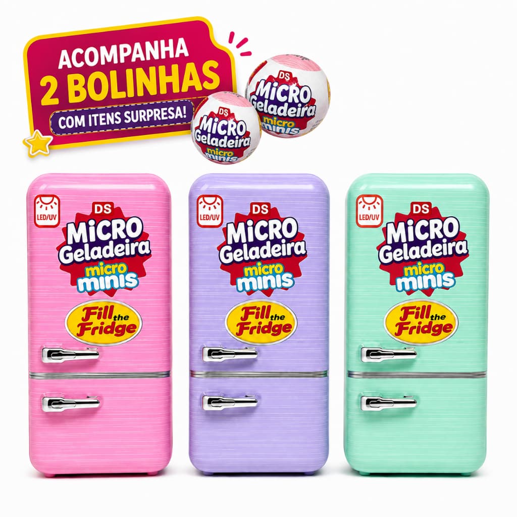 Mini Geladeira Minis Colecionável com Luz, Gavetas que Abrem, Ímã e 2 Bolinhas Surpresa com Mini Itens