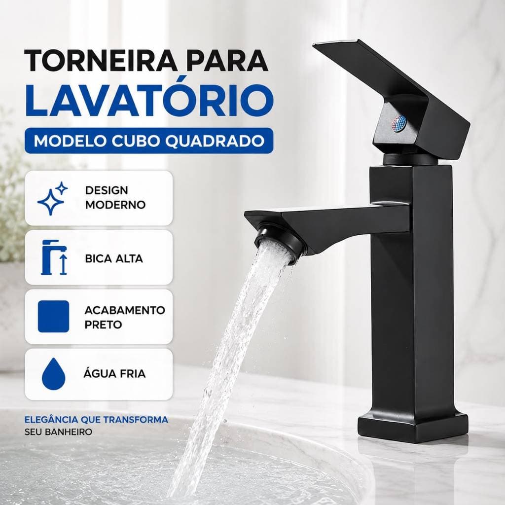 Torneira para Banheiro Lavatório Pia Modelo Cubo Quadrada Água Fria