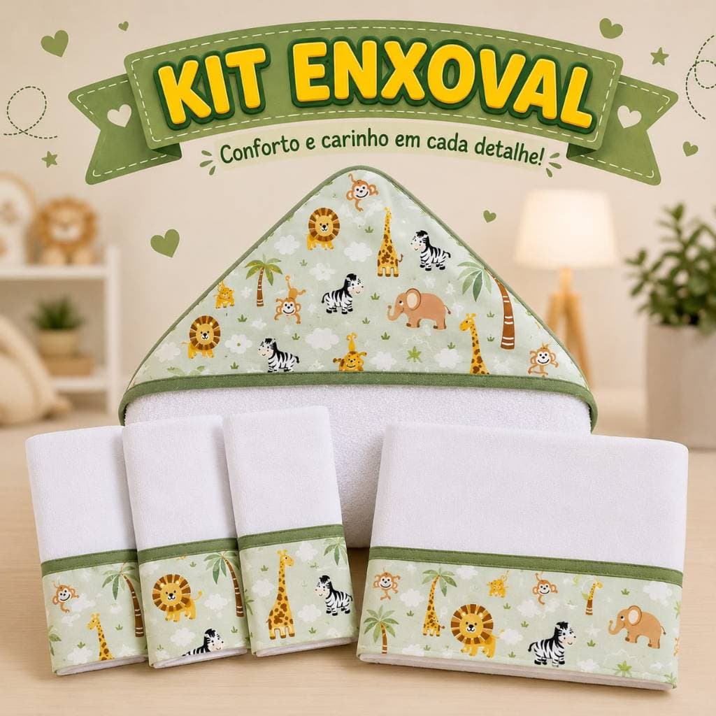 Kit Enxoval Bebê Safari Verde Menino Completo Toalha de Banho 3 Fraldas de Boca 1 Fralda de Ombro 100%Algodão