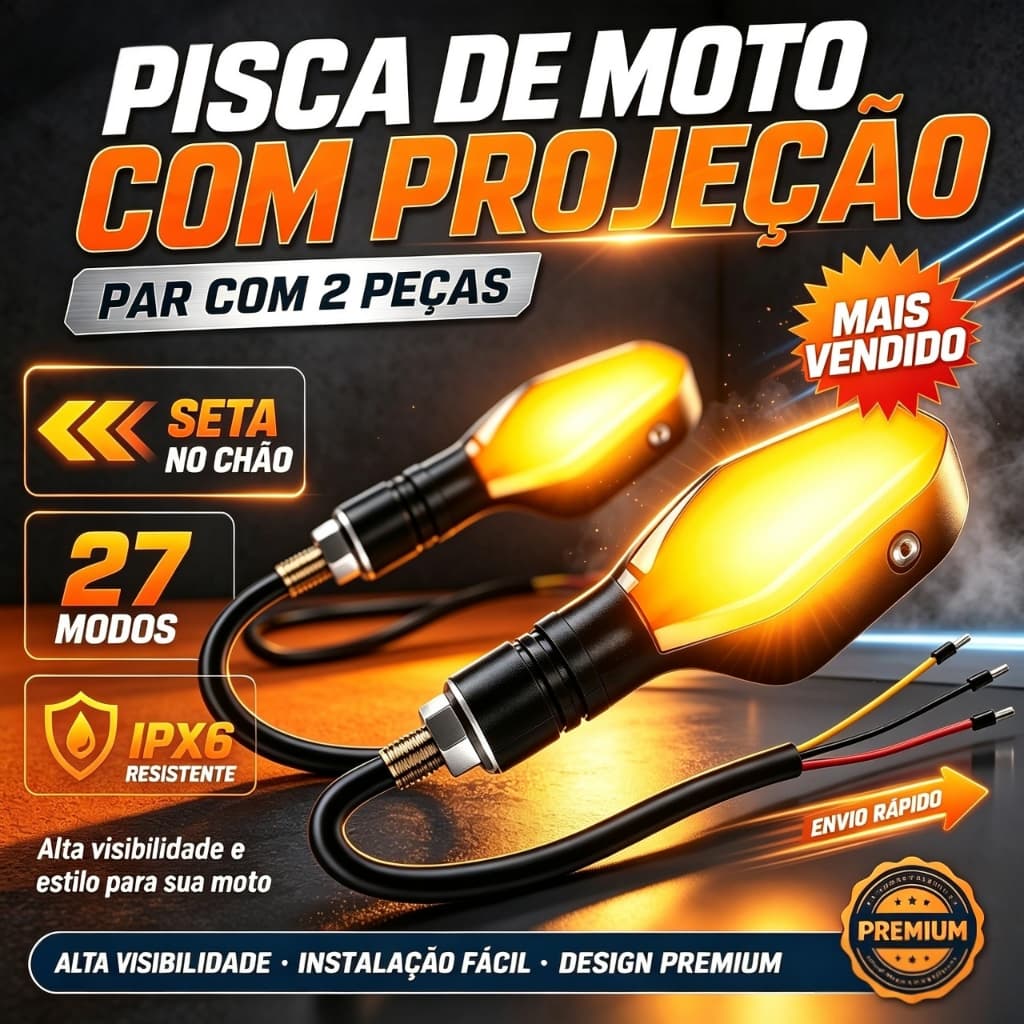 Kit 2 Piscas LED RGB 27 Modos para Moto – Projeção no Chão, IPX6, Seta Direcional 3 Fios, Alta Visibilidade S2