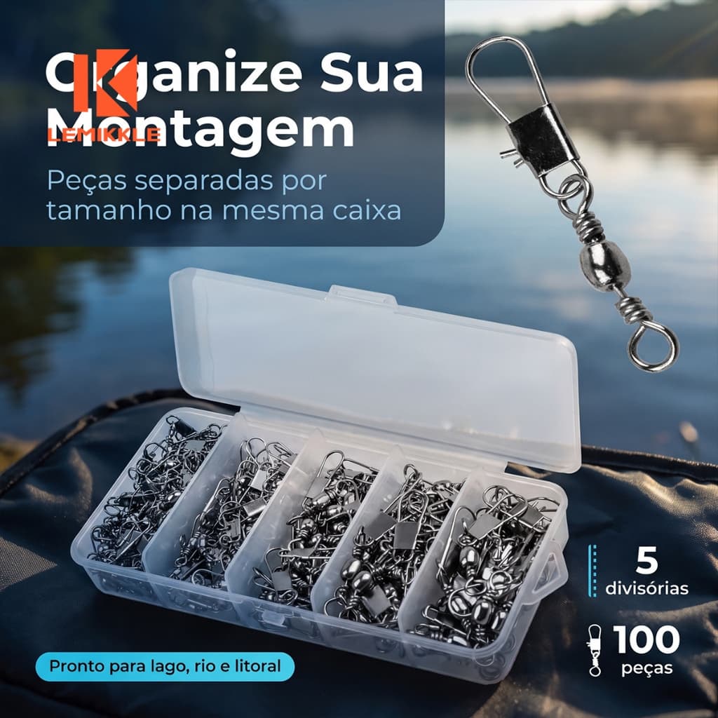 LEMIKKLE - 100 Giratórias com Mosquetão de Pesca, (4#6#8#10#12#) Conectores de Aço Inoxidável Com Caixa Organizadora