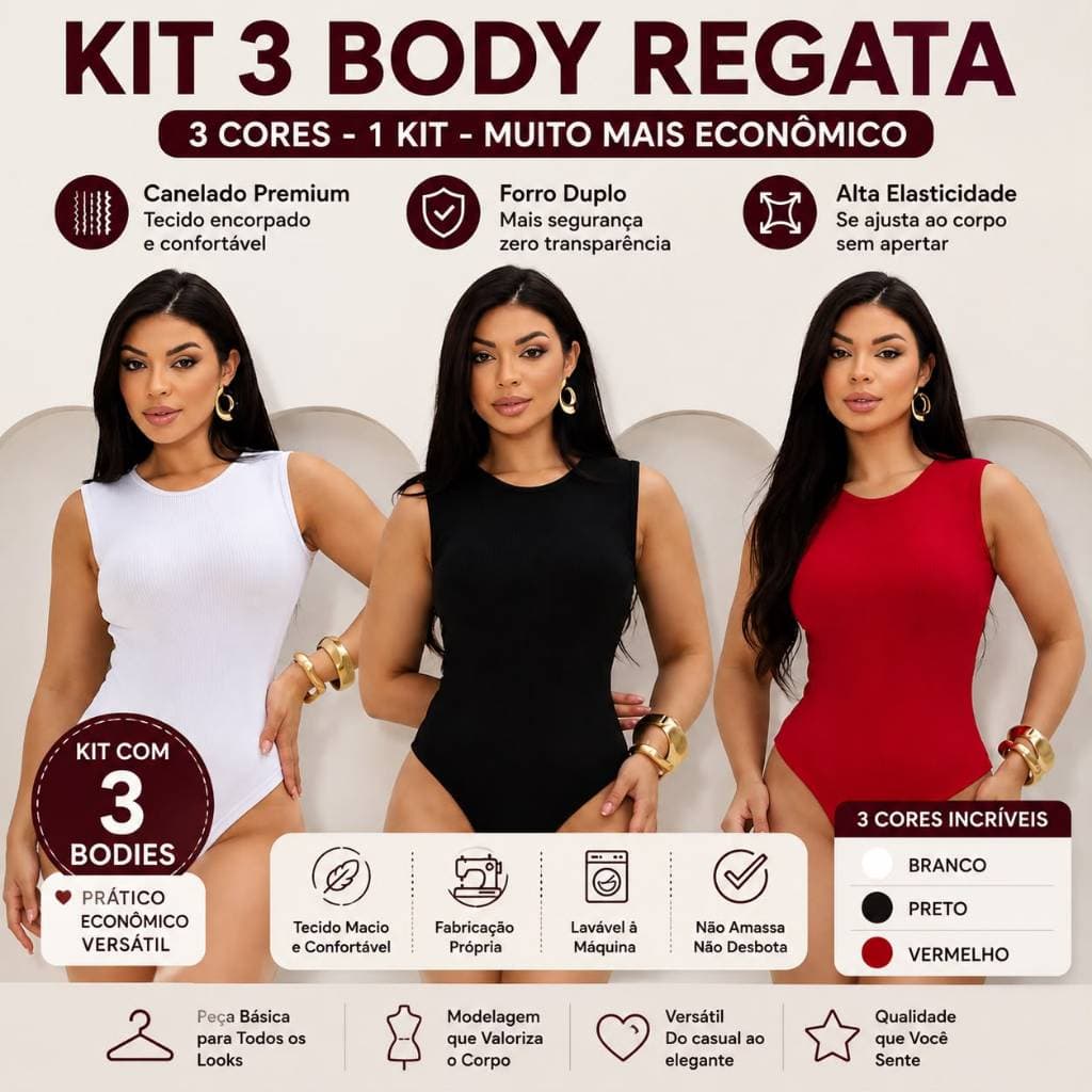 Kit 3 Body Feminino Regata Canelado Premium Forrado Básico Casual Tendência