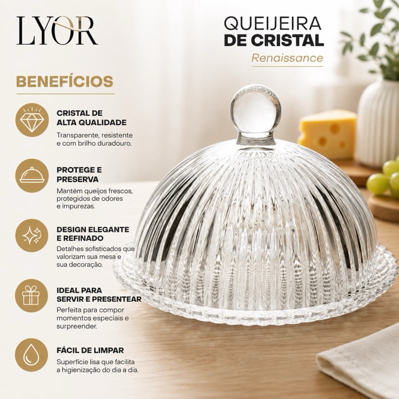 QUEIJEIRA DE CRISTAL LYOR RENAISSANCE 18,5CM COM TAMPA E BASE ELEGANTE PARA SERVIR QUEIJOS