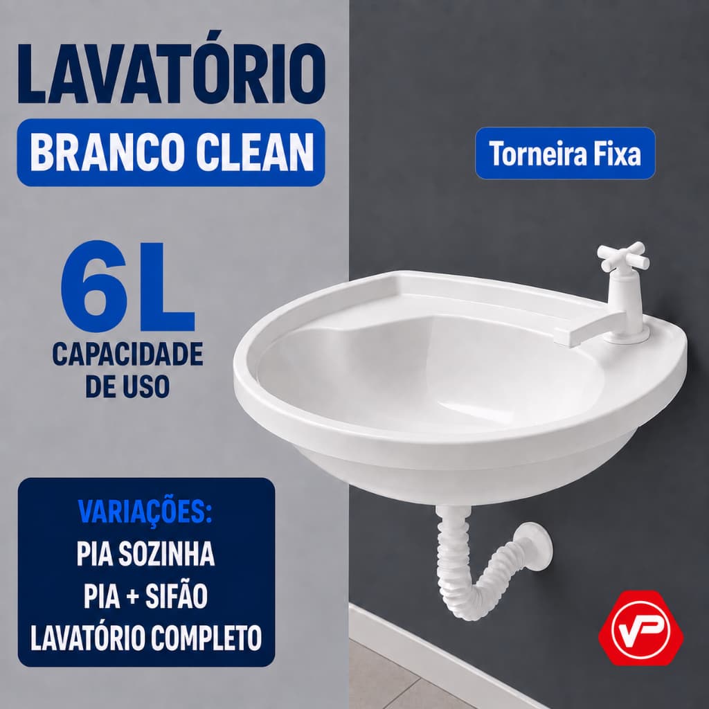 Lavatório Plástico Completo 6L I Banheiro Pia Cuba Torneira Fixa Sifão Lavandeira Ralo Parafuso Bucha Branco Clean