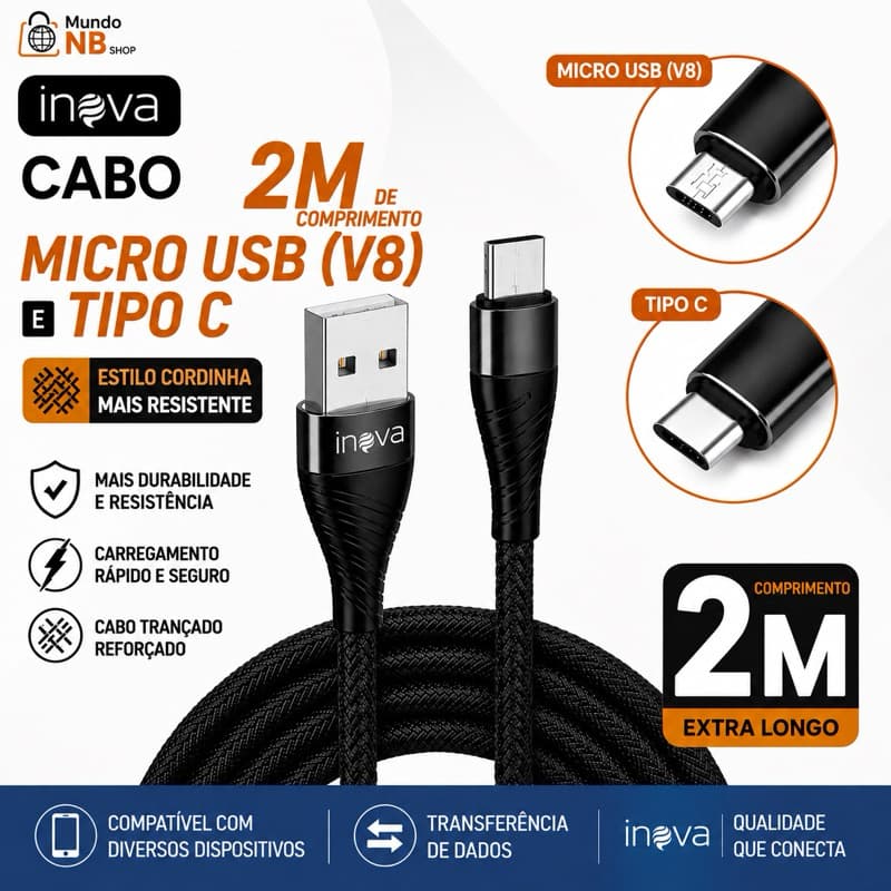 Cabo USB Inova Tipo Micro USB e Tipo C 2m Resistente m diversas cores