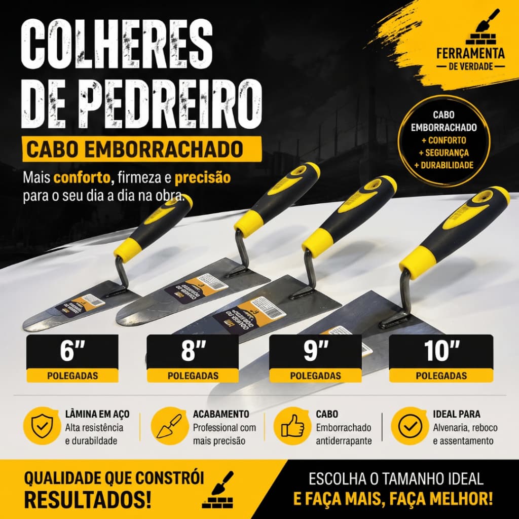 Colher de Pedreiro 6" a 10" Polegadas Cabo Emborrachado Profissional para Alvenaria Reboco