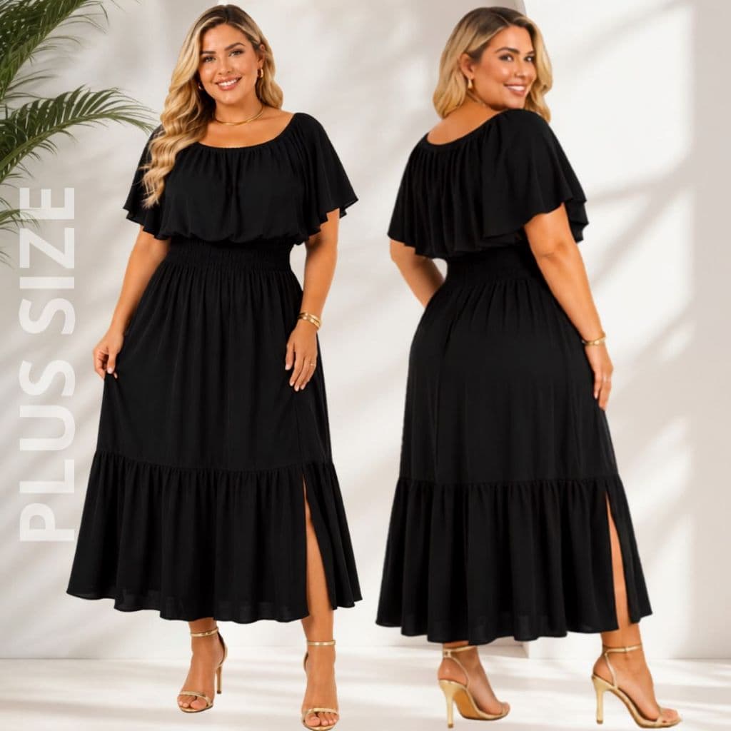 Vestido Plus Size Longo Feminino Ombro a Ombro Lastex na Cintura Saia Soltinha 1 Maria Babado Fenda Lateral Confortável