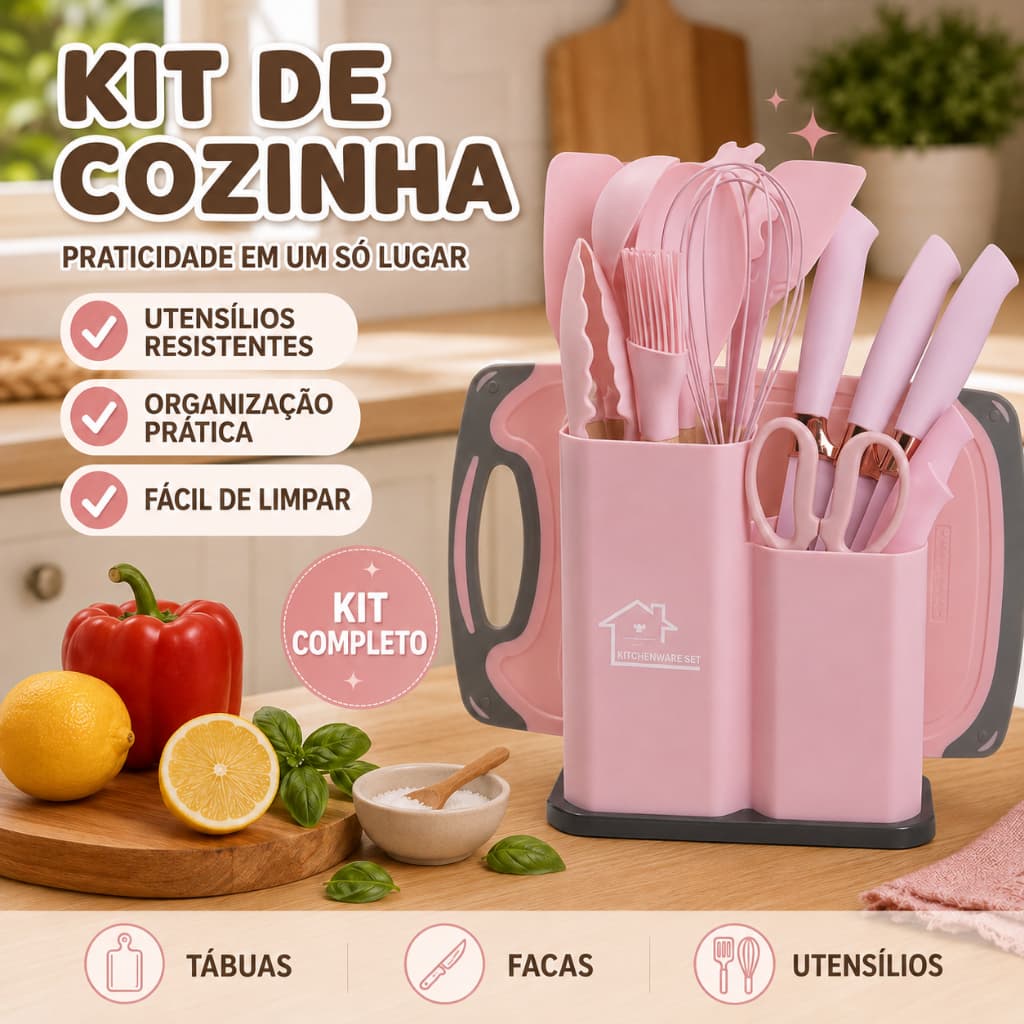 Kit de Cozinha 19 Peças com Utensílios de Silicone, Facas, Tábuas e Suporte Organizador Completo