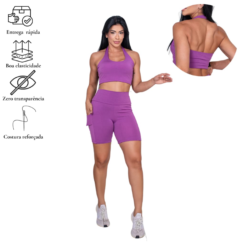 Conjunto Fitness Feminino Top Frente Única  Short Com Bolso Lateral  Academia Treino