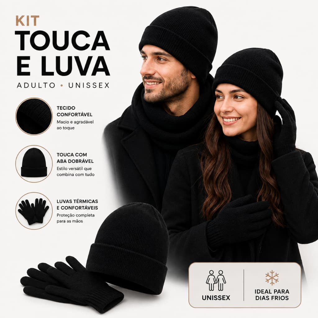 Kit Touca e Luva Unissex Adulto Inverno Térmico Confortável para Frio Gorro e Luvas