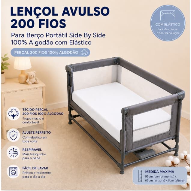 Lençol Para Berço Portátil Side By Side 180 Fios Algodão C/Elástico Macio Confortável Bebê  Promoção