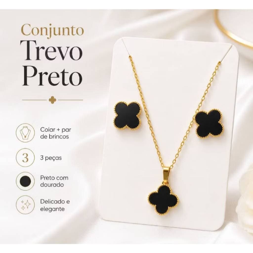 Colar e Brinco de Trevo Inspiração Virgínia Folheado a Ouro 18k