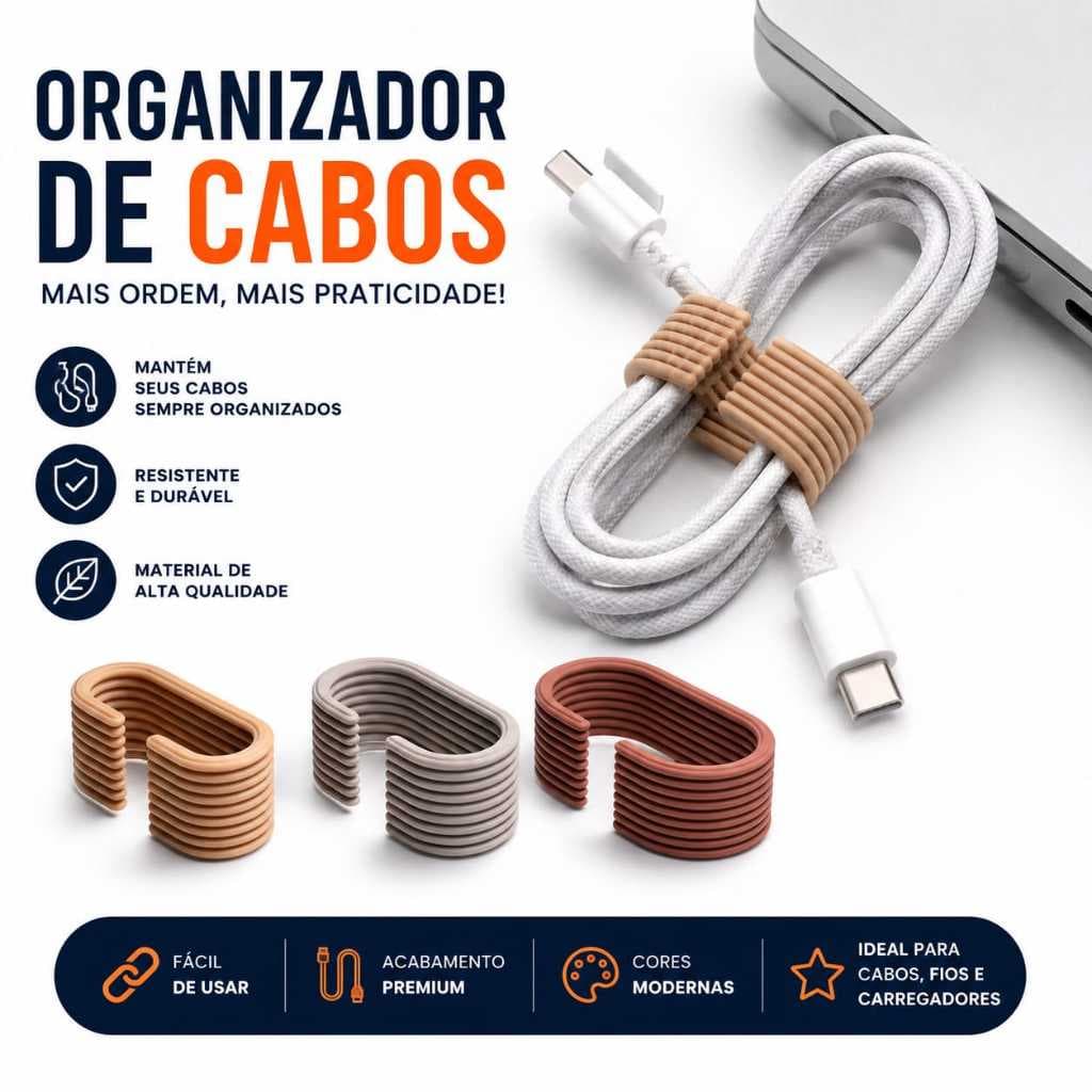 Kit Organizador de Cabos  | Prendedor de Cabos Reutilizável | Organizador de Fios USB, USB-C, Carregador e Notebook