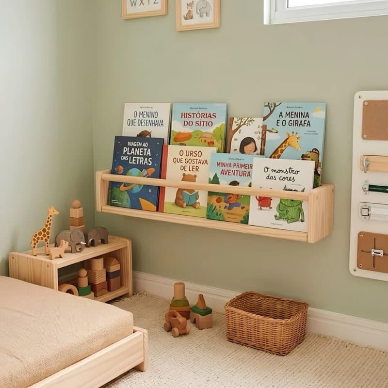 Prateleira Infantil Livreiro de madeira - Porta livros Montessori - nicho de parede organizador - móveis montessori