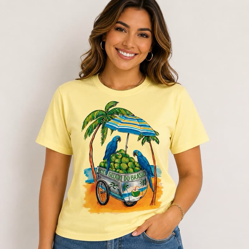 Camiseta Feminina T-Shirt Algodão Premium Brasilidade Arara Água de Coco