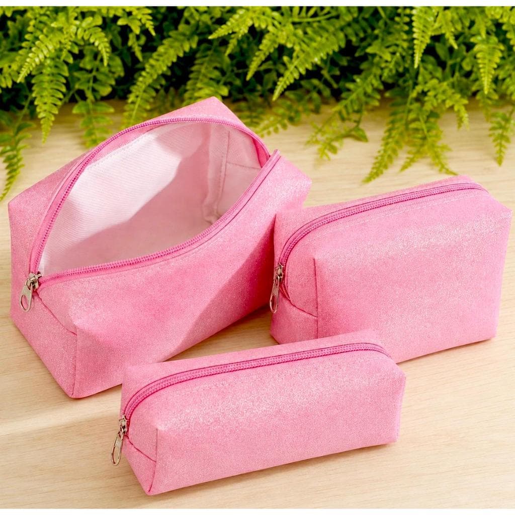 Kit 3 Necessaires Femininas Rosa Glitter para Maquiagem Organizadora de Viagem