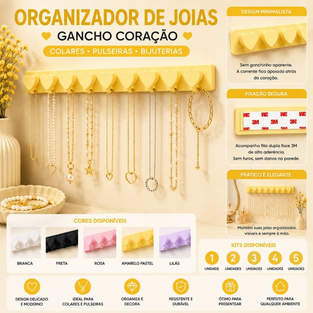 Organizador de Joias Gancho Coração Porta Bijuterias Colares e Pulseiras Aneis com Fita Dupla Face Original 3M Amarelo