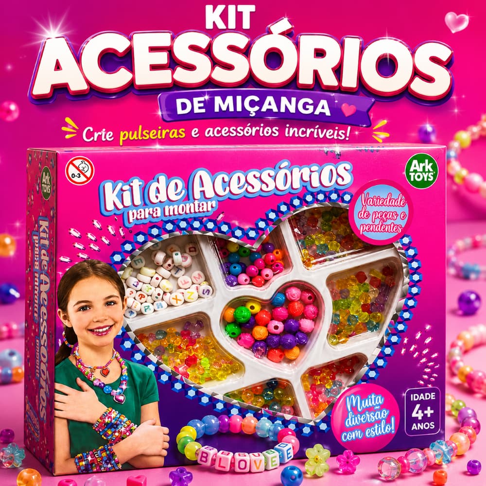 Kit Miçangas Infantil para Fazer Pulseiras, Colares e Acessórios com Letras e Pingentes – Kit Bijuteria Criativa +4 Anos