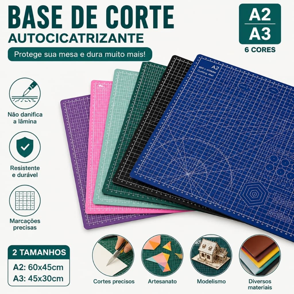 Base de Corte A2 A3 Dupla Face com Grade Métrica PVC para Artesanato, Papelaria e Modelismo
