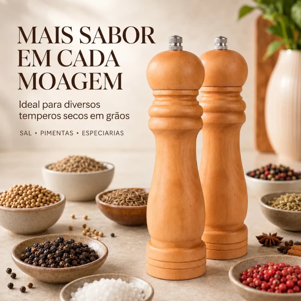 Kit 2 Moedores Madeira Manual Sal Pimenta Tempero Grãos 21cm
