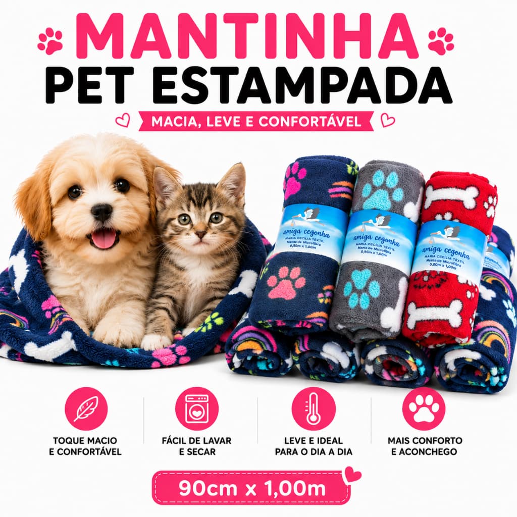 Manta Pet Mantinha Cobertor Macio 90x100cm para Cachorro Cães e Gatos Estampada