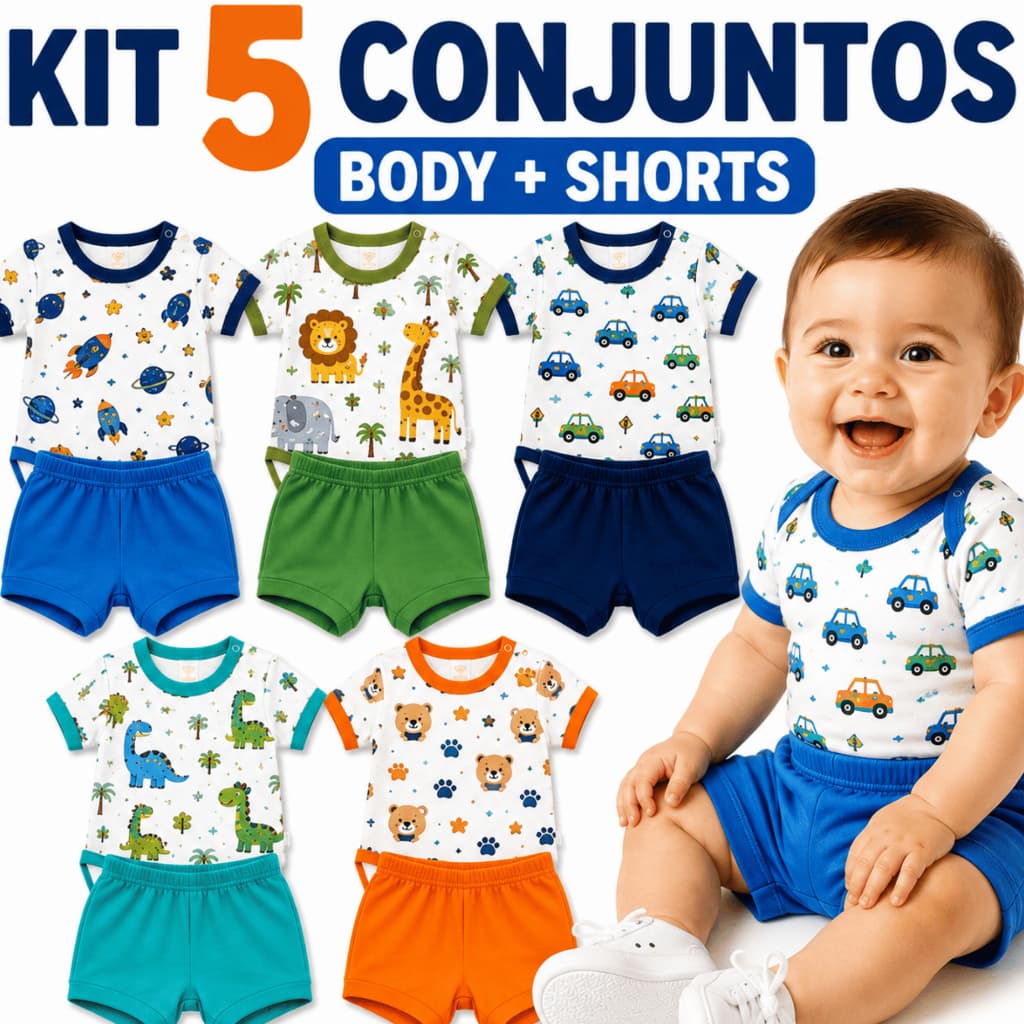 Kit 5 Conjunto Bebê Menino Body e Short Algodão RN P M G Roupa Bebê Verão Enxoval Bebê