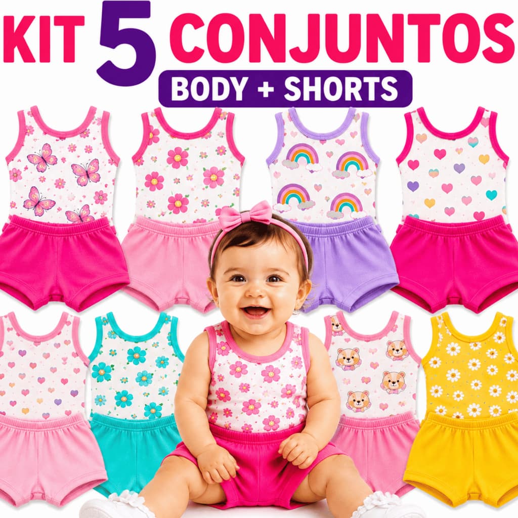 Kit 5 Conjunto Bebê Menina Body Regata + Short Canelado 100% Algodão Roupa Bebê Verão RN P M G