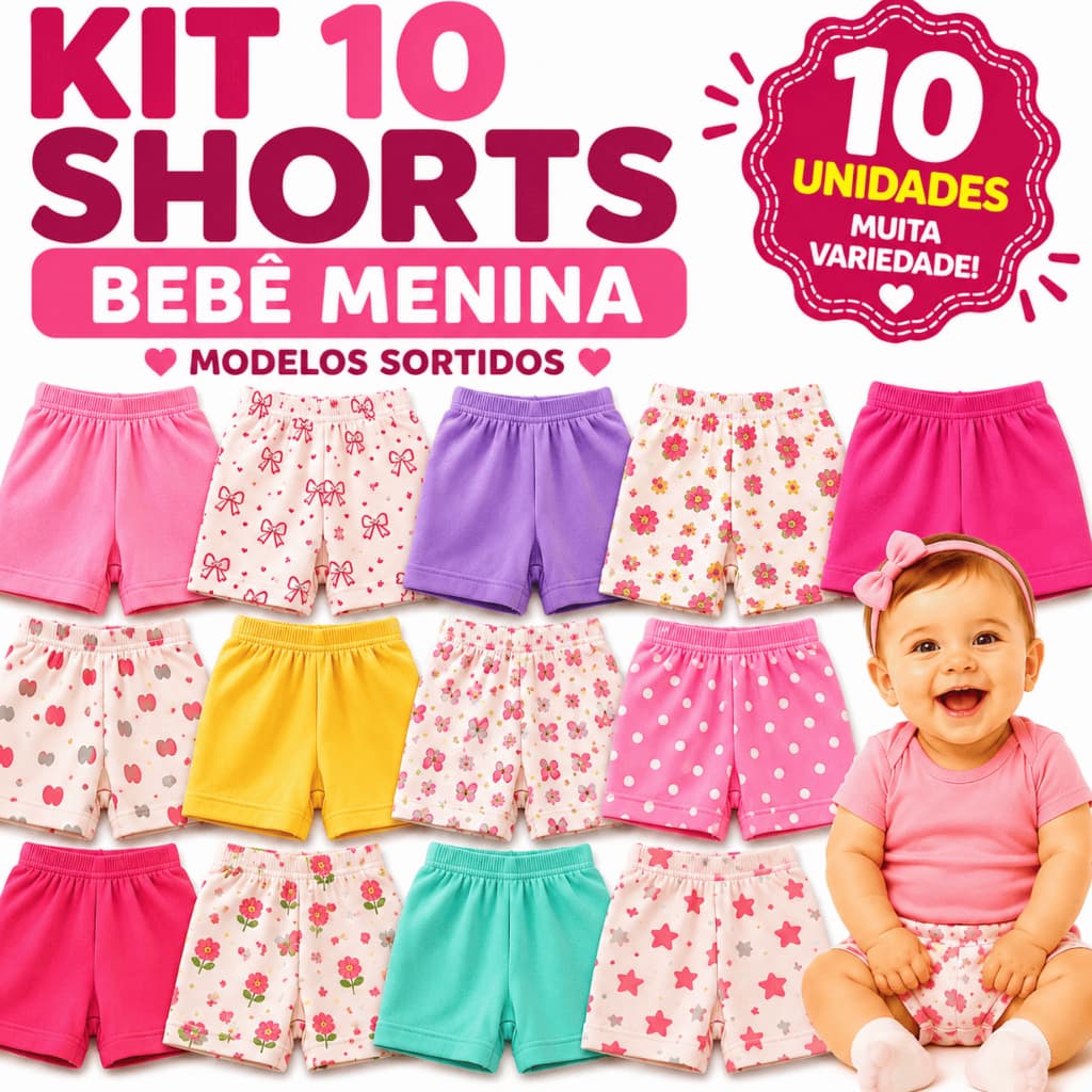 Kit 10 Shorts Bebê Menina Tapa Fralda Algodão RN P M G Roupa Bebê Verão Short Infantil Enxoval Sortido