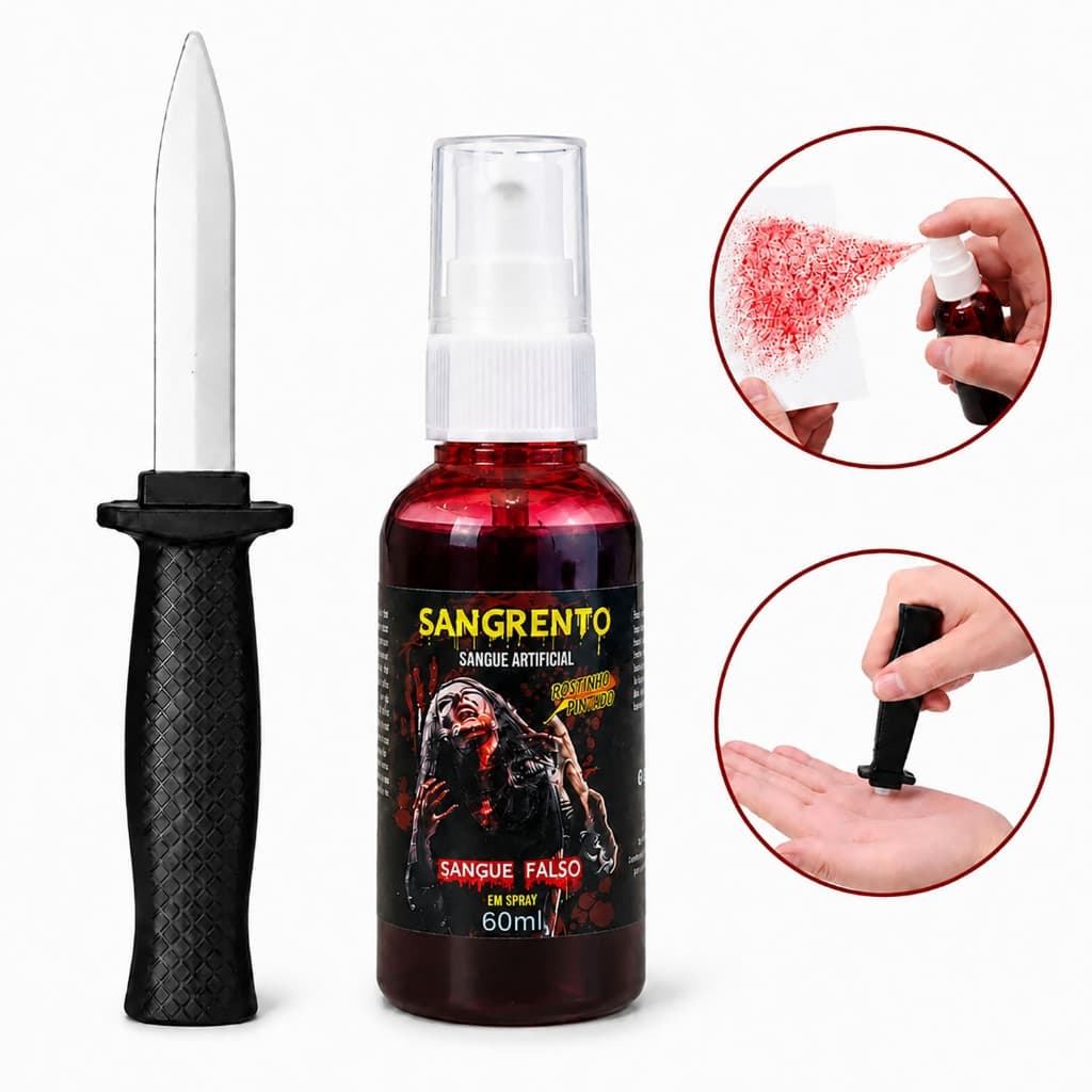 Kit Faca Canivete Fake Retrátil de Brinquedo + Sangue Falso Spray 60ml para Fantasia Halloween