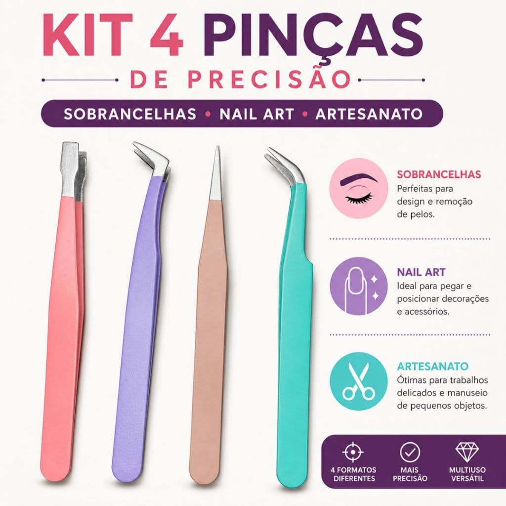 Kit 4 Pinças de Precisão para Sobrancelhas Nail Art Decoração Unhas Artesanato Versátil Multiuso