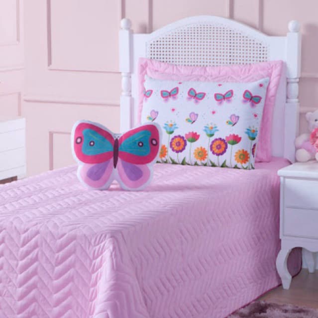 Cobre Leito Solteiro Butterfly Rosa - 04 Peças 1,88m x 0,88cm