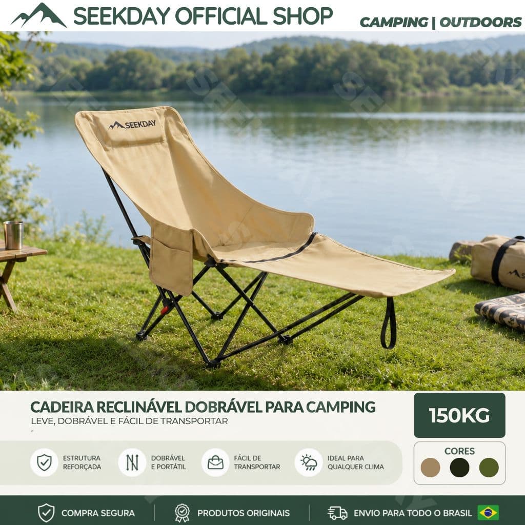 Seekday Cadeira De Camping Espreguiçadeira Dobrável Reclinável 150kg Apoio Pernas Pesca Portátil