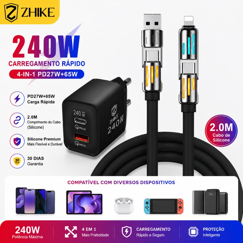 Cabo Carregador Carregamento Rápido Redondo 4 em 1 USB Tipo C Para Tipo C iP Silicone 2.0M Com Adaptador GaN