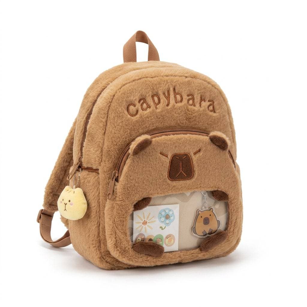 Mochila Infantil Capivara Fofa com Visor Escolar Menina Pelúcia Grande Confortável