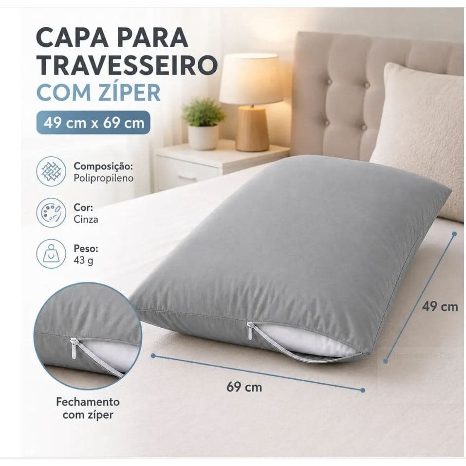 Capa Para Travesseiro com Zíper Cinza Anti-ácaro, conserva o travesseiro contra sujeiras poeira suor