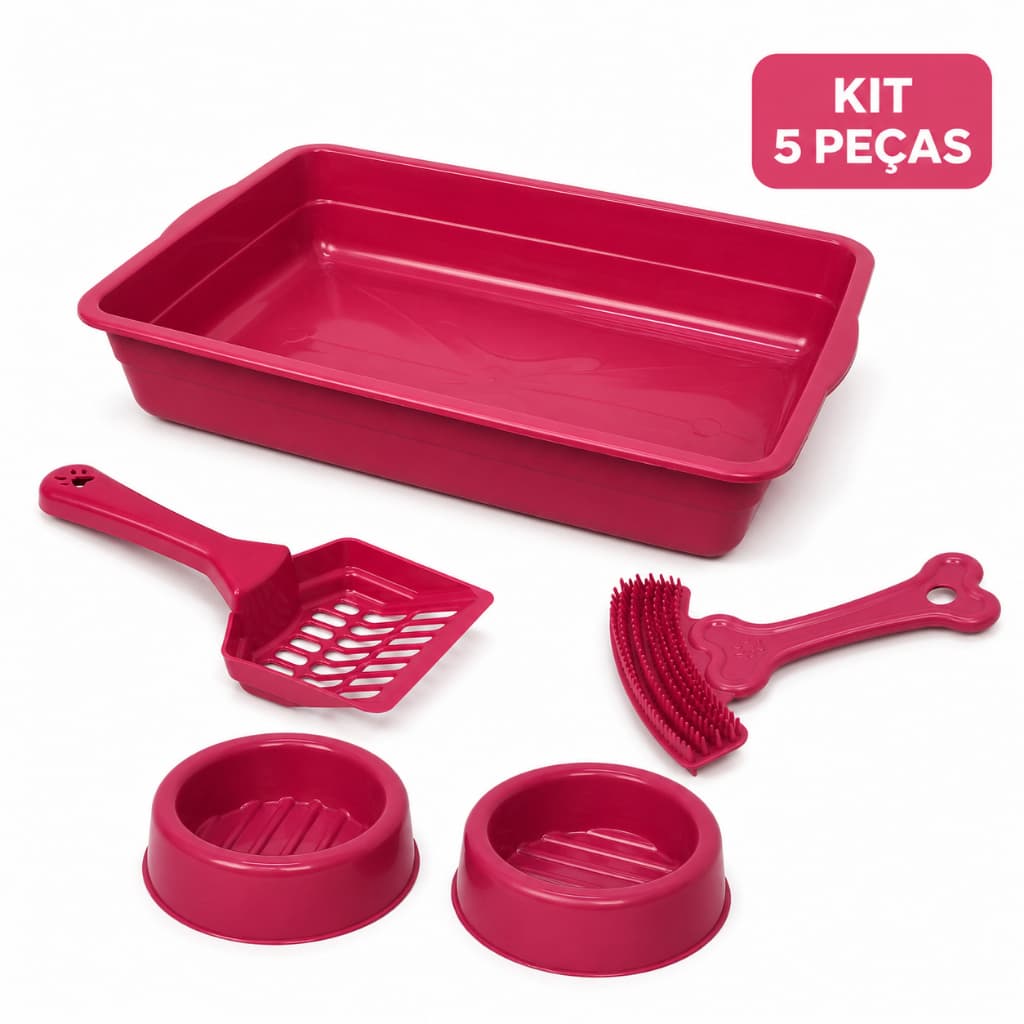 Kit Caixa de Areia para Gato 8L com Pá Comedouro e Bebedouro 150ml Escova Tira Pelos 5 Peças