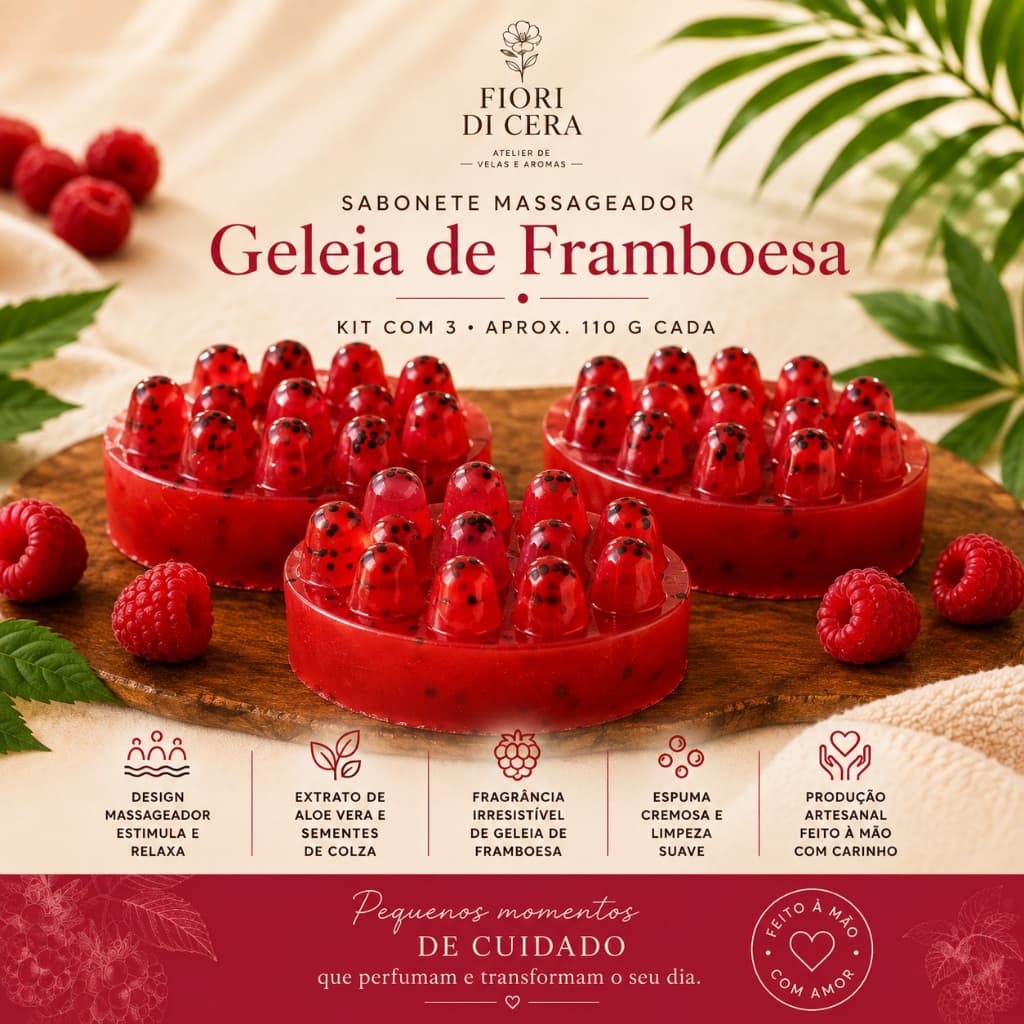 Kit 3 Sabonetes Massageadores Geleia de Framboesa Artesanal 110g | Fiori di Cera