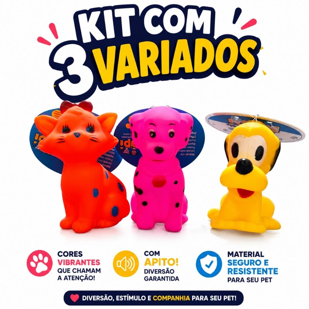 Kit Com 3 Bonecos Animados Mordedor Brinquedo Para Cachorro Cães e Gatos Interativo Cores Variadas