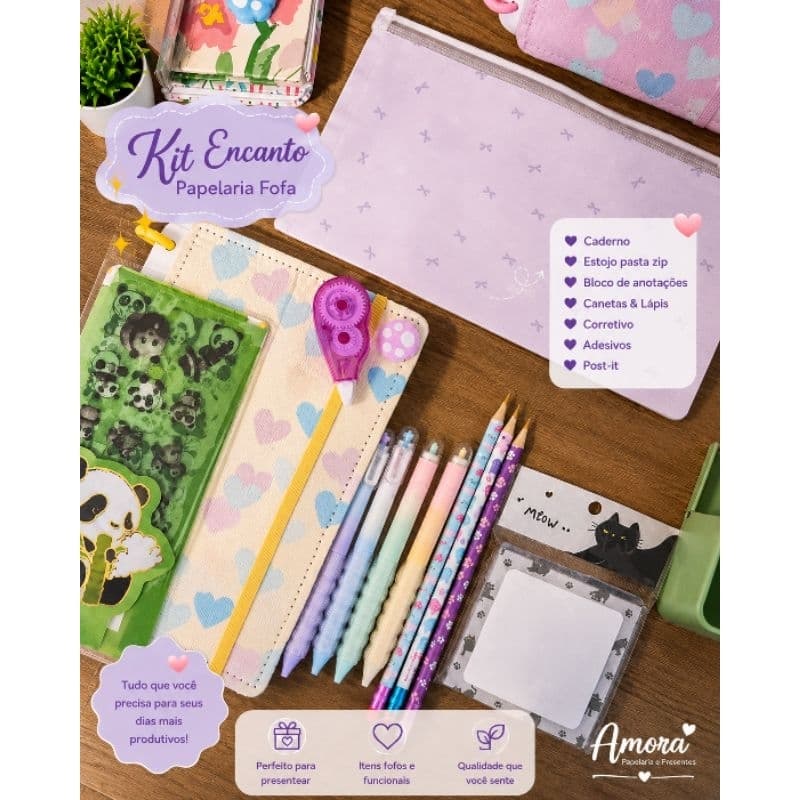 Kit Papelaria Fofa Encanto com Caderno, Estojo, Canetas, Lápis, Post-it e Adesivos
