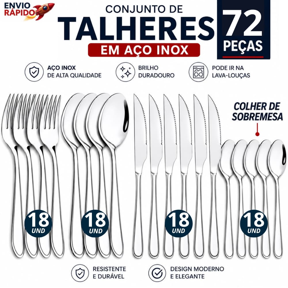 Conjunto Talheres 24/36/72 Peças Aço Inox Completo Faqueiro Jogo de Mesa Colheres Garfos Facas Alta Qualidade
