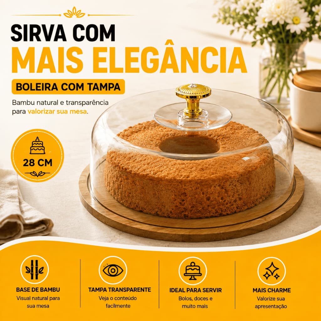 Boleira 28cm com Tampa de Acrílico Base de Bambu Porta Bolo Doces Salgados Mesa Posta ENVIO IMEDIATO