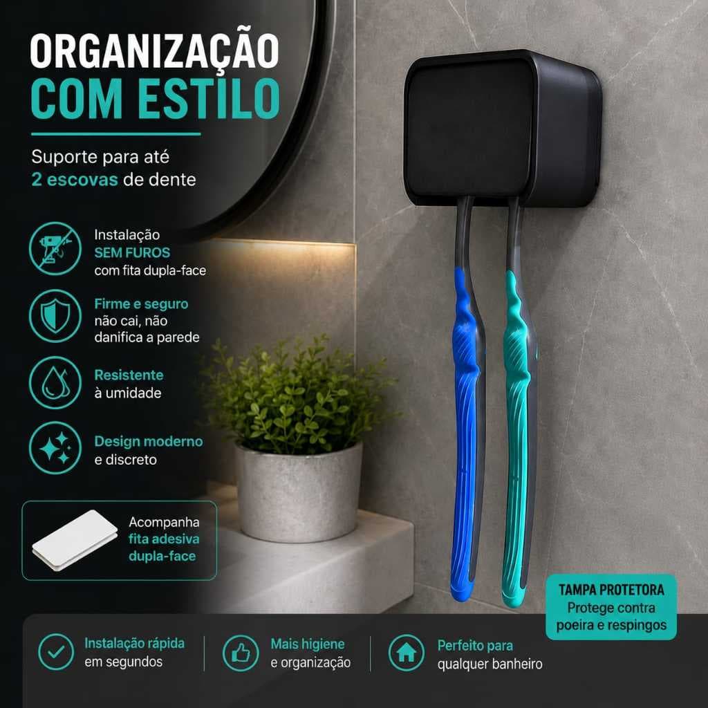Suporte para Escovas de Dente - Até 2 Escovas - Instalação Sem Furos - Porta Escovas de Dente + Fita Dupla Face