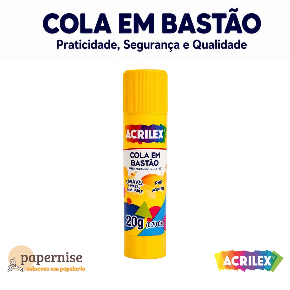 Cola em Bastão Acrilex 20 g Lavável Aderência Excelente Aplicação Escola Escritório