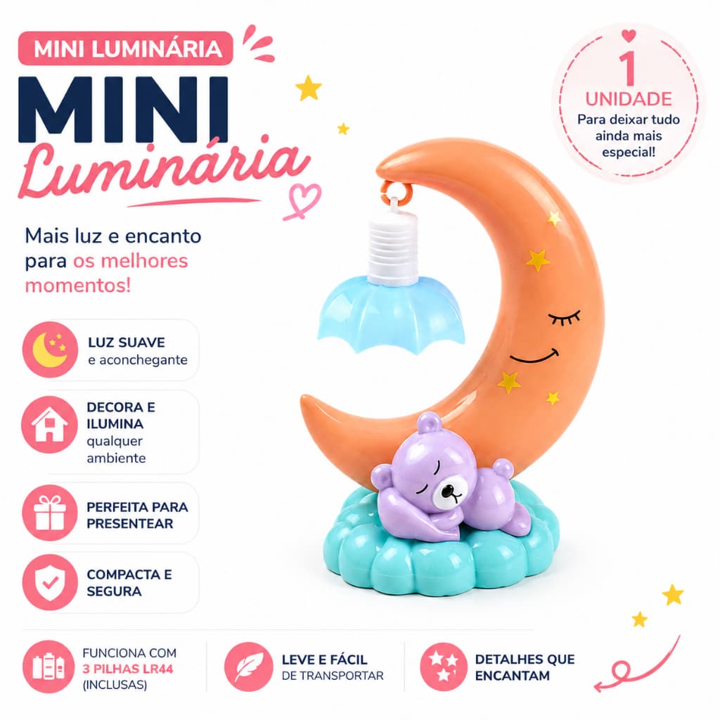 Mini Luminaria Plastica LED Lua Mesa Abajur Infantil Pilha Decorativa  Quarto Criança Estudo Pequena
