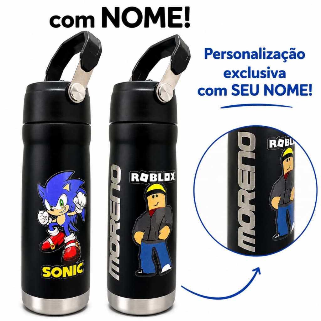 Garrafa Térmica Com Seu NOME Personalizada SONIC ROBLOX Com BICO Trava de Segurança 650 ml INOX escolar Adulto Infantil