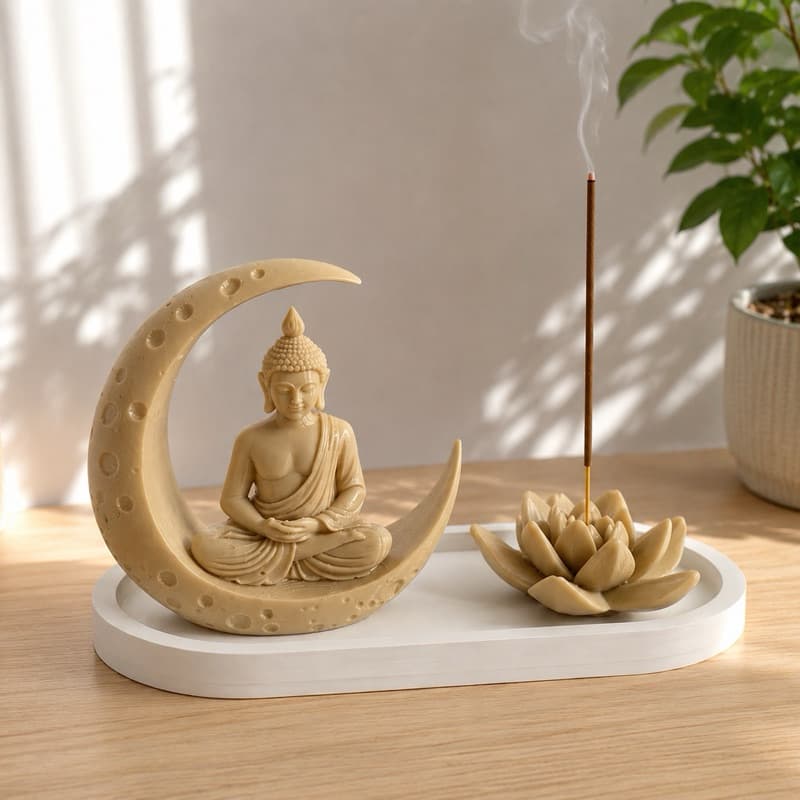 Buda Zen escultura Decoração Kit Porta Incenso Bandeja Decorativa Flor de Lótus