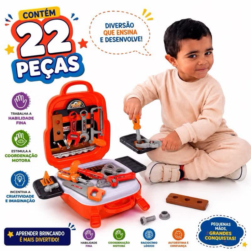 Mochila Infantil Kit Ferramentas 22 Peças – Brinquedo Educativo de Ferramentas para Crianças