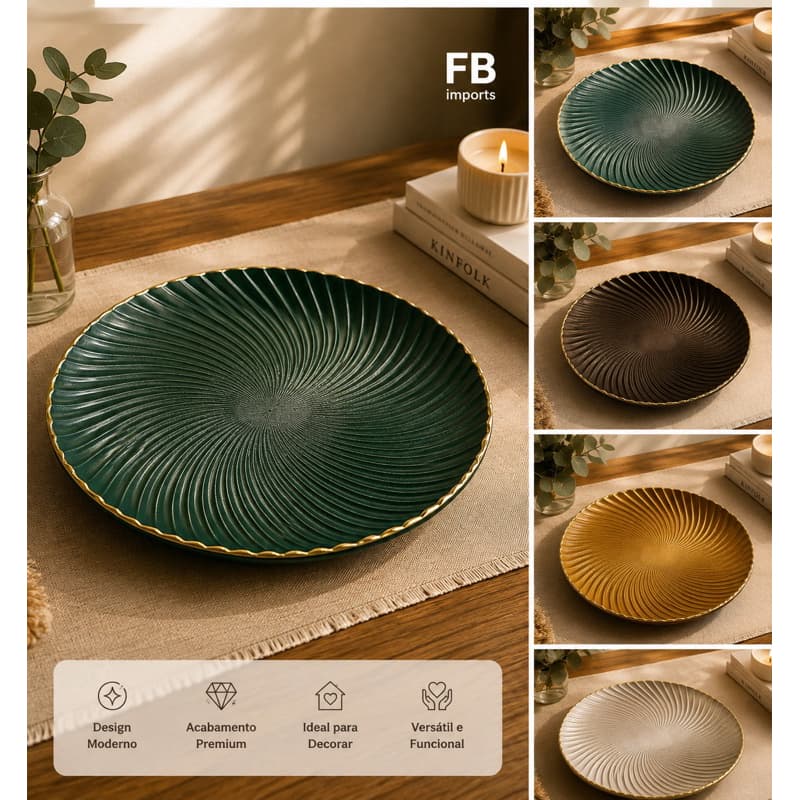 Prato Decorativo Redondo com texturizado para Mesa Sala Aparador Centro de Mesa Decoração Moderna Elegante 01