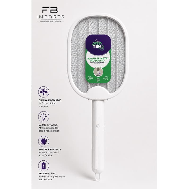 Raquete Elétrica Mata Mosquito Recarregável com Luz UV Dobrável